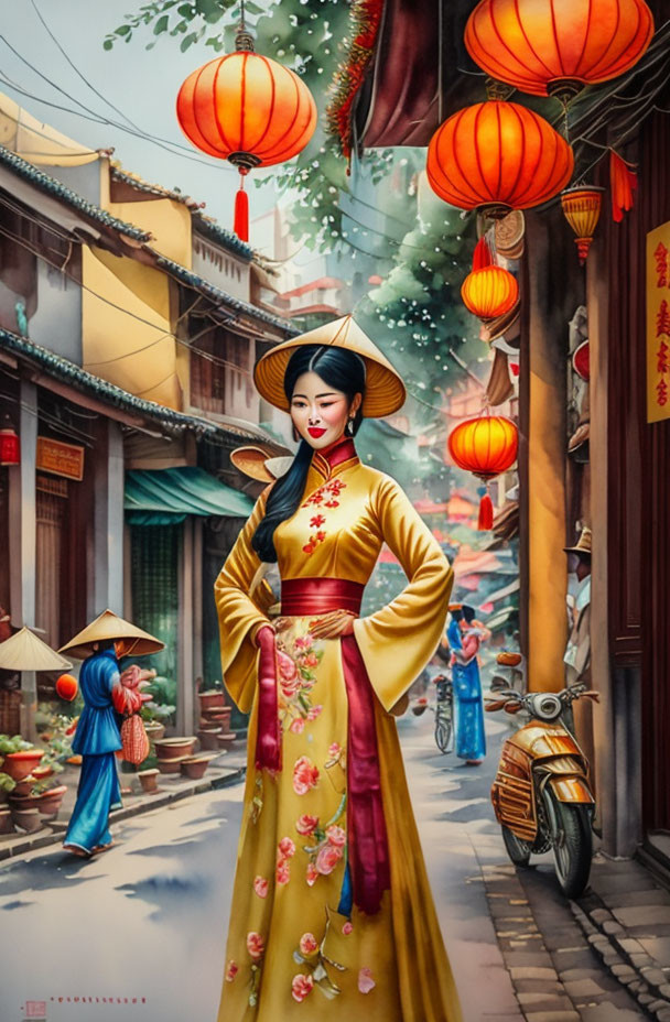 Traditional Chinese Attire Woman in Vibrant Street Scene