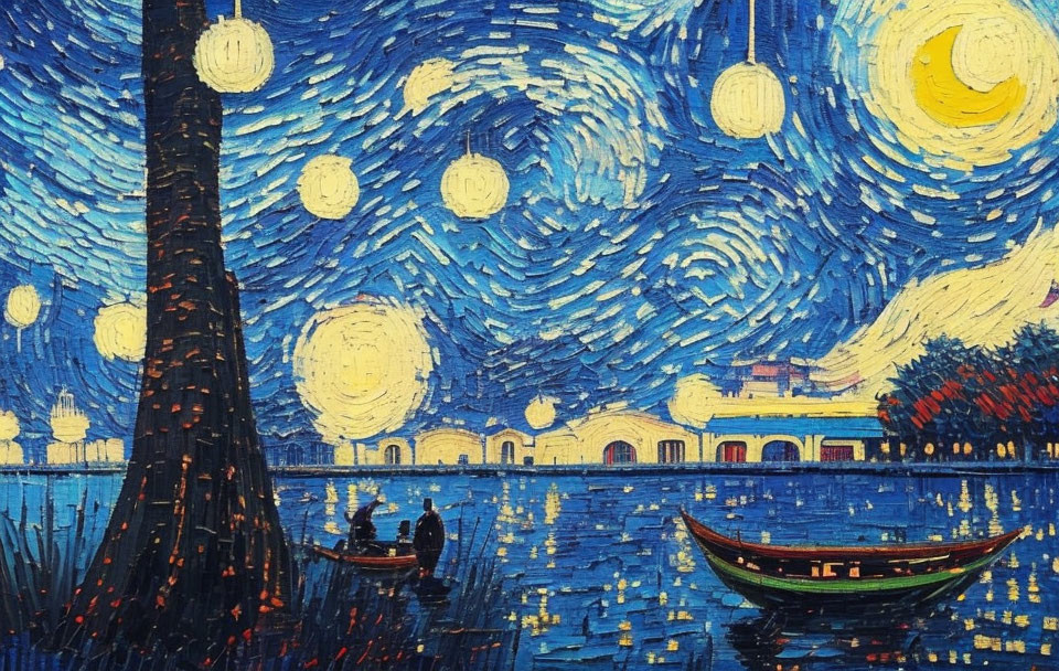 Starry night sky painting with river, tree silhouette, and boats