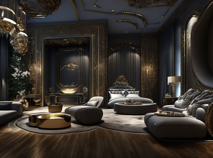 Opulent Blue and Gold Decor in Luxurious Bedroom