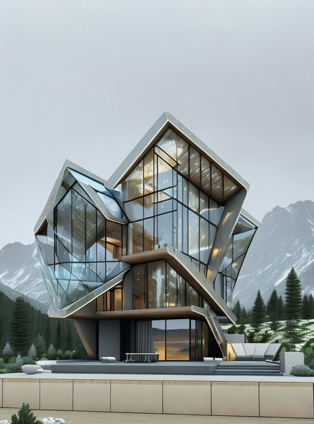 Geometric Glass House in Mountainous Landscape