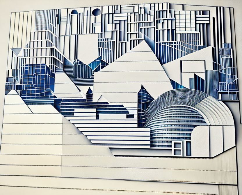 Geometric Paper Art Cityscape in White and Blue