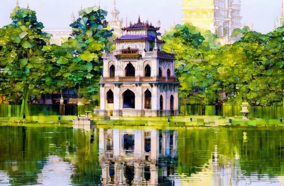 Ornate White Building with Domed Roof Surrounded by Trees Reflected in Lake