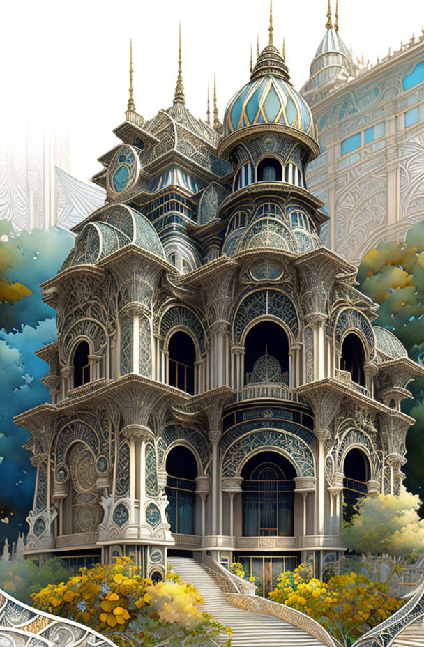 Intricate fantasy palace with domes, arches, and stairway