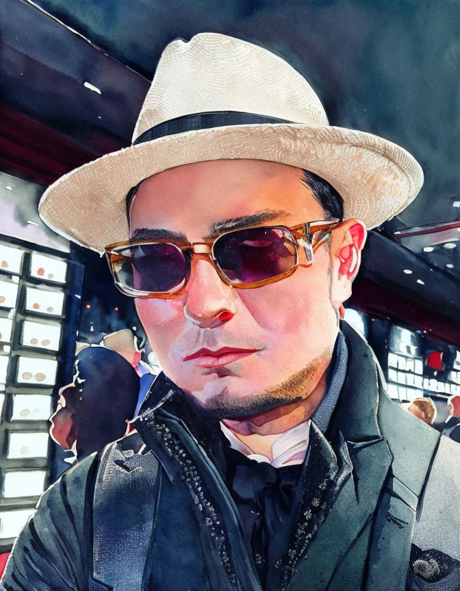 Stylized digital portrait of a person in fedora and sunglasses