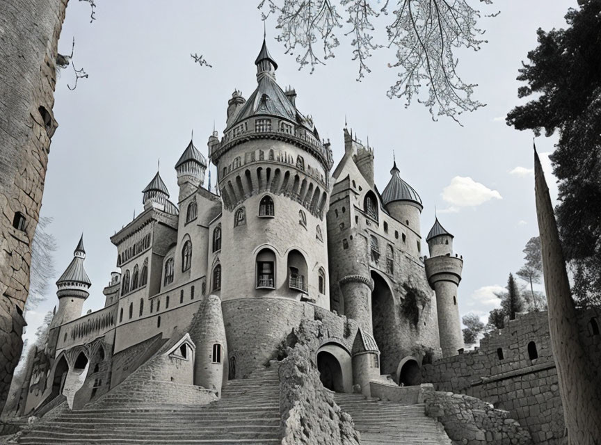 Stone castle with spires, towers, grand stairway, against cloudy sky