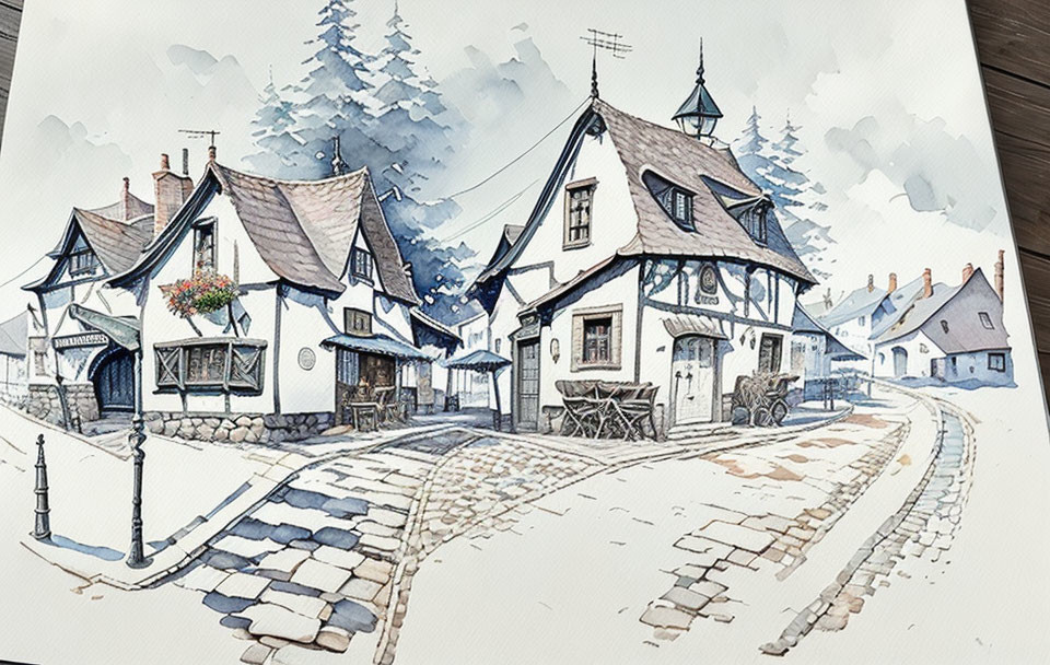 European Village Street Watercolor Illustration