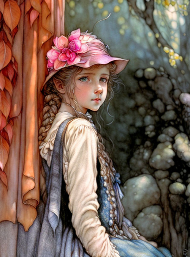 Young girl with braided hair in floral hat in whimsical forest.