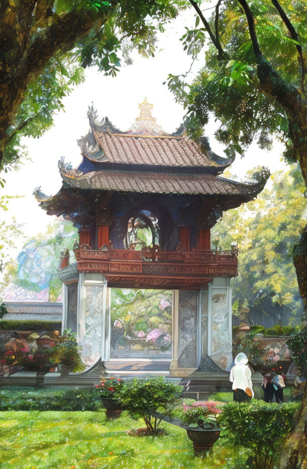 Person walking towards ornate Asian-style pavilion in tranquil garden