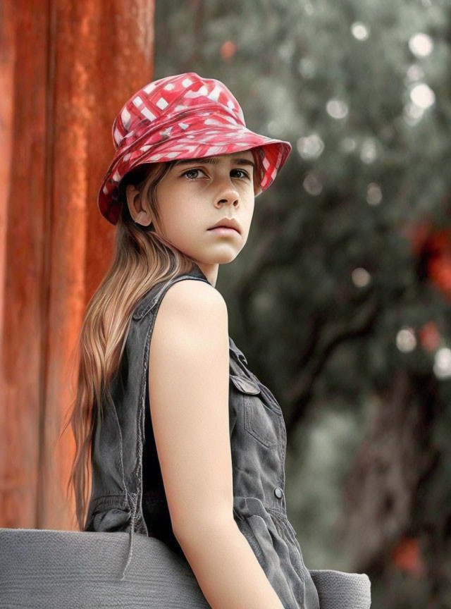 Long-haired girl in red plaid hat and black top gazes into distance with blurred nature backdrop