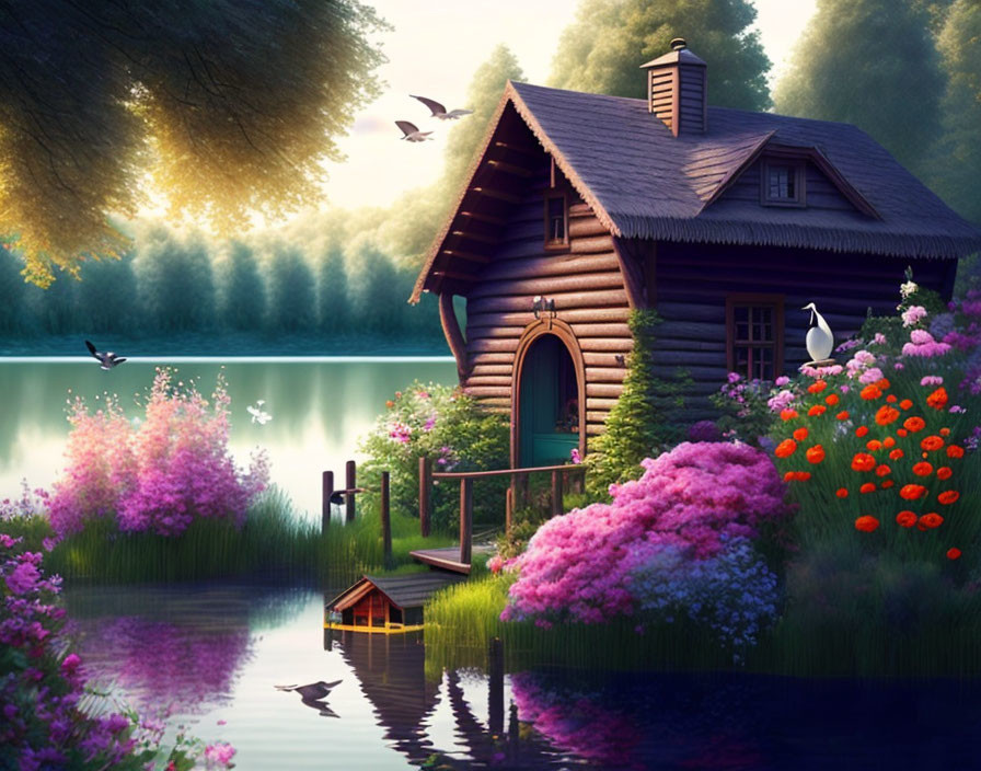 Tranquil lakeside log cabin with lush flora and birds in flight