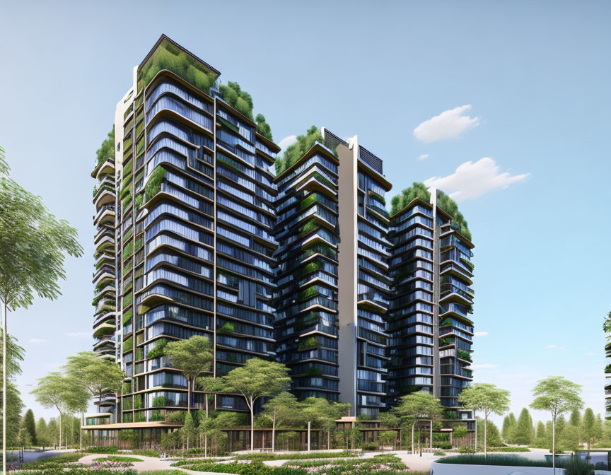 High-rise buildings with green balconies under clear sky