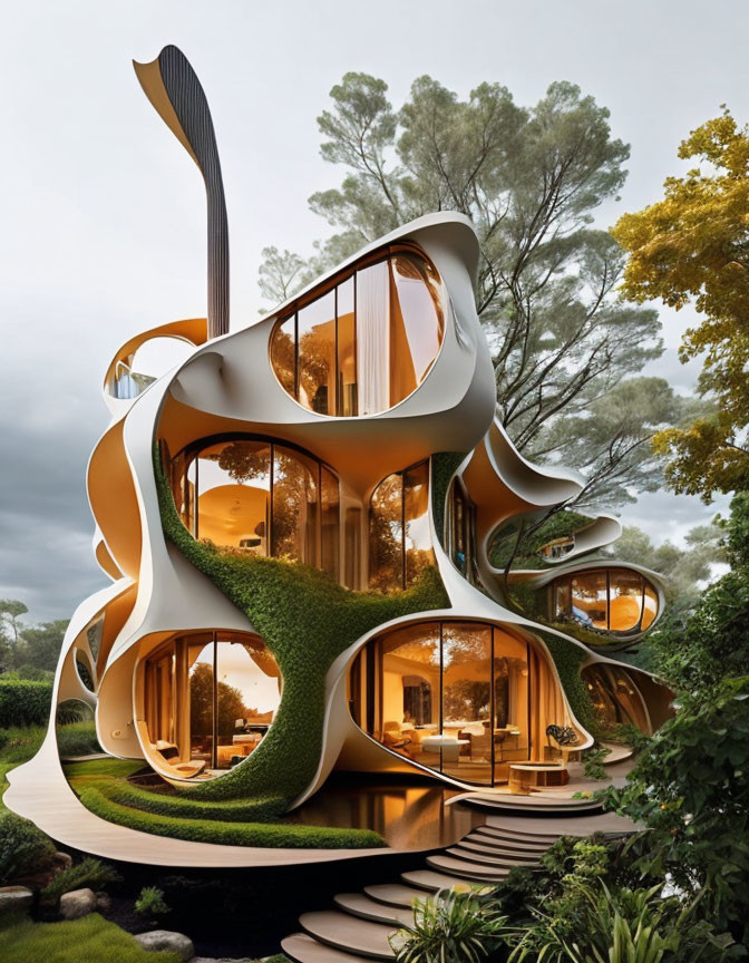 Organic-shaped building with large windows and greenery, nestled among trees