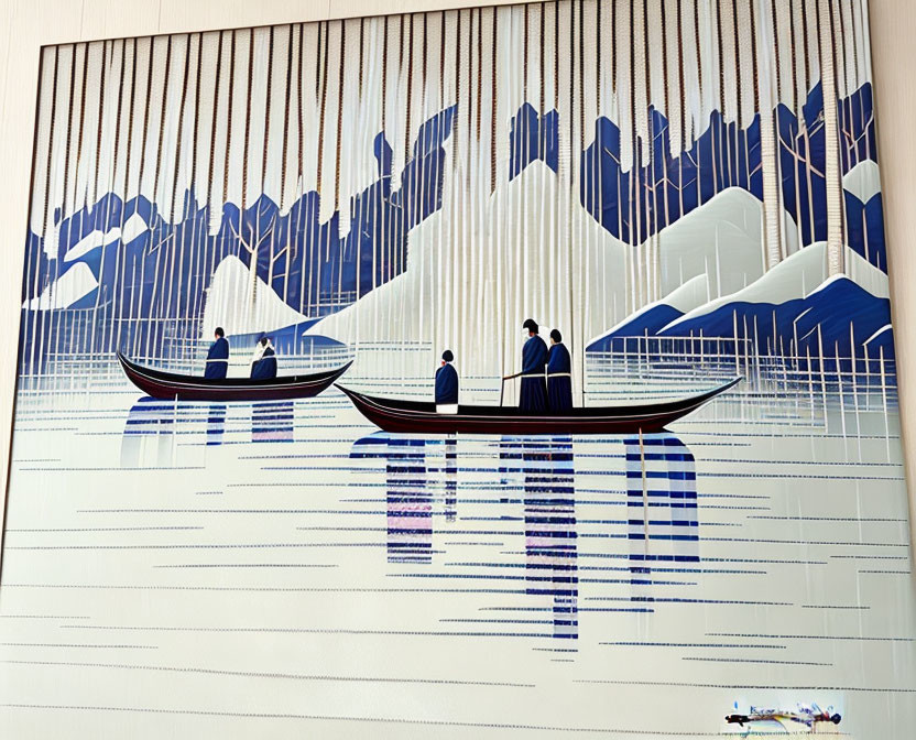 Modern graphic art: People in boats against mountain backdrop