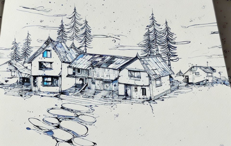 Detailed sketch of quaint village with tall pine trees and flying birds