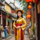 Traditional Chinese Attire Woman in Vibrant Street Scene