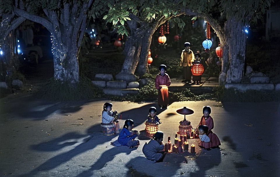 Children playing under lantern-lit trees with a woman in the background