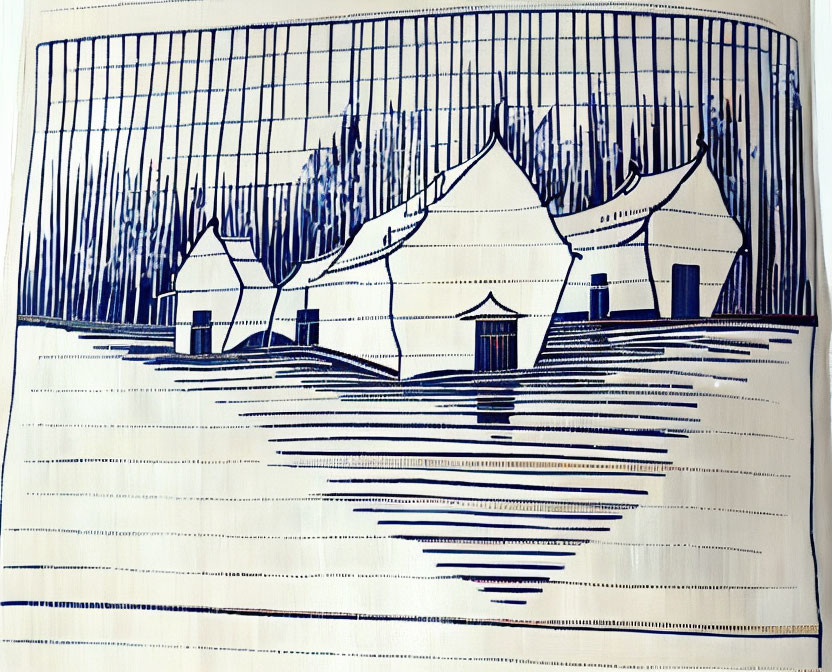 Stylized waterfront huts illustration with reflection, fence, and trees