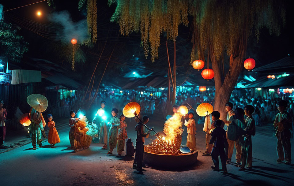 Colorful Street Festival Night Scene with Lanterns, Fire Performance, and Hanging Moss