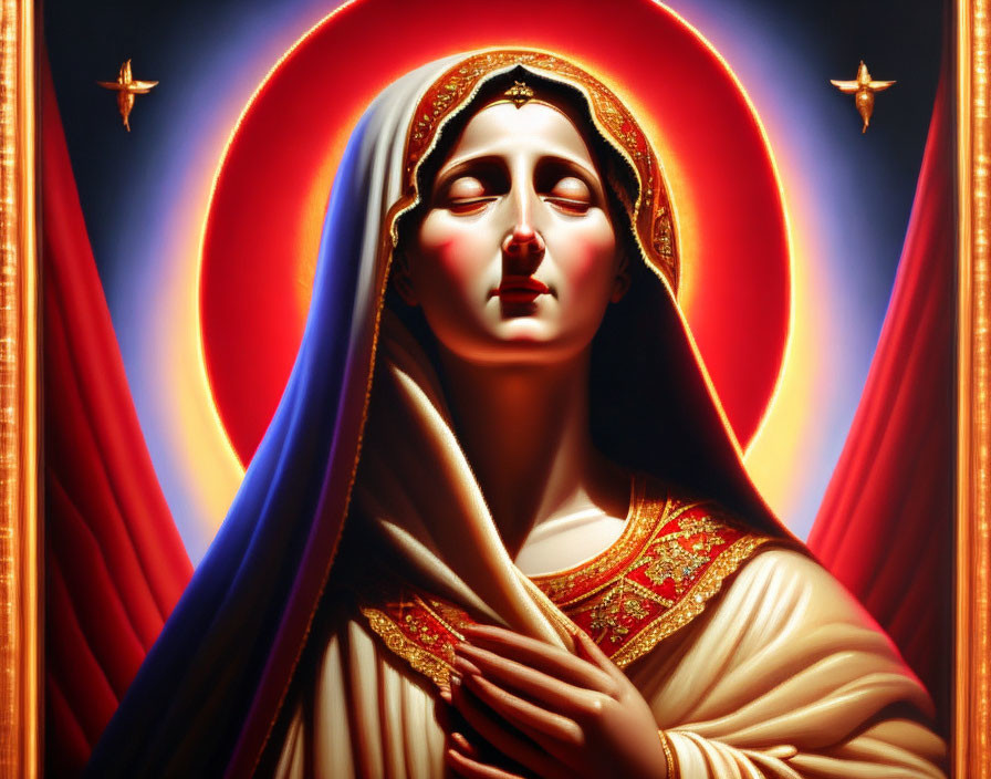 Religious painting of Virgin Mary in blue cloak with red background