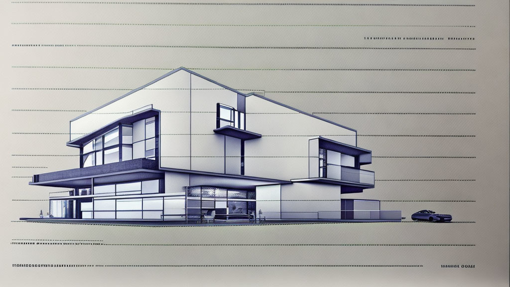 Detailed blueprint-style illustration of a modern house with section labels and parked car.