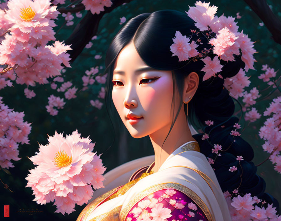 Woman in traditional attire surrounded by pink blossoms with detailed hair