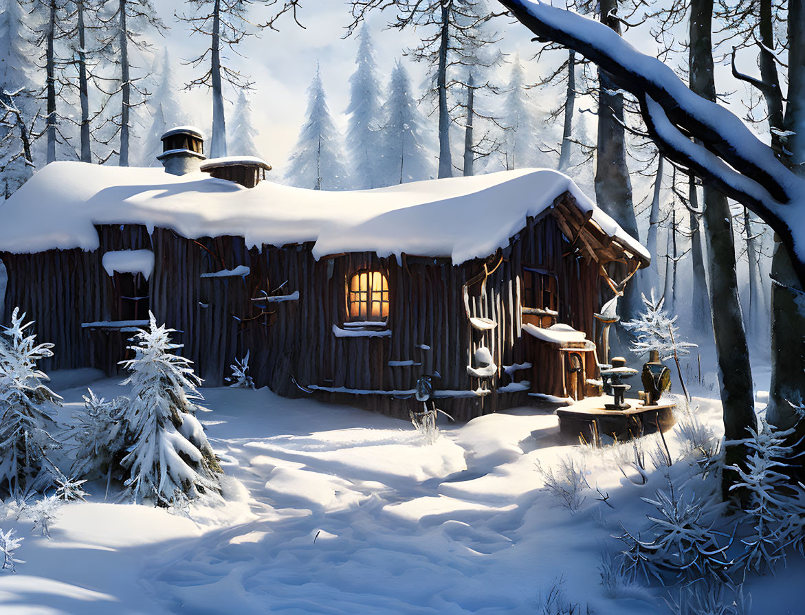 Snow-covered wooden cabin in a winter forest with warm glowing windows