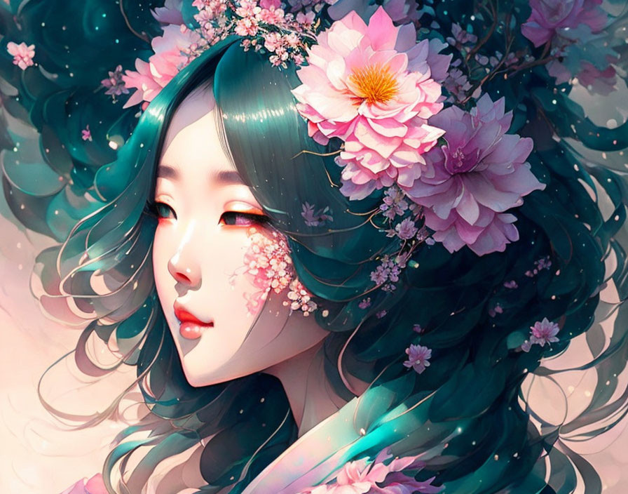 Illustrated portrait of woman with teal hair and pink flowers under dreamy pink light