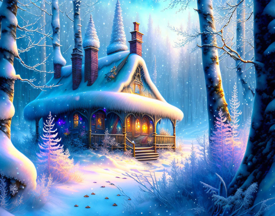 Snowy forest cottage illuminated in twilight