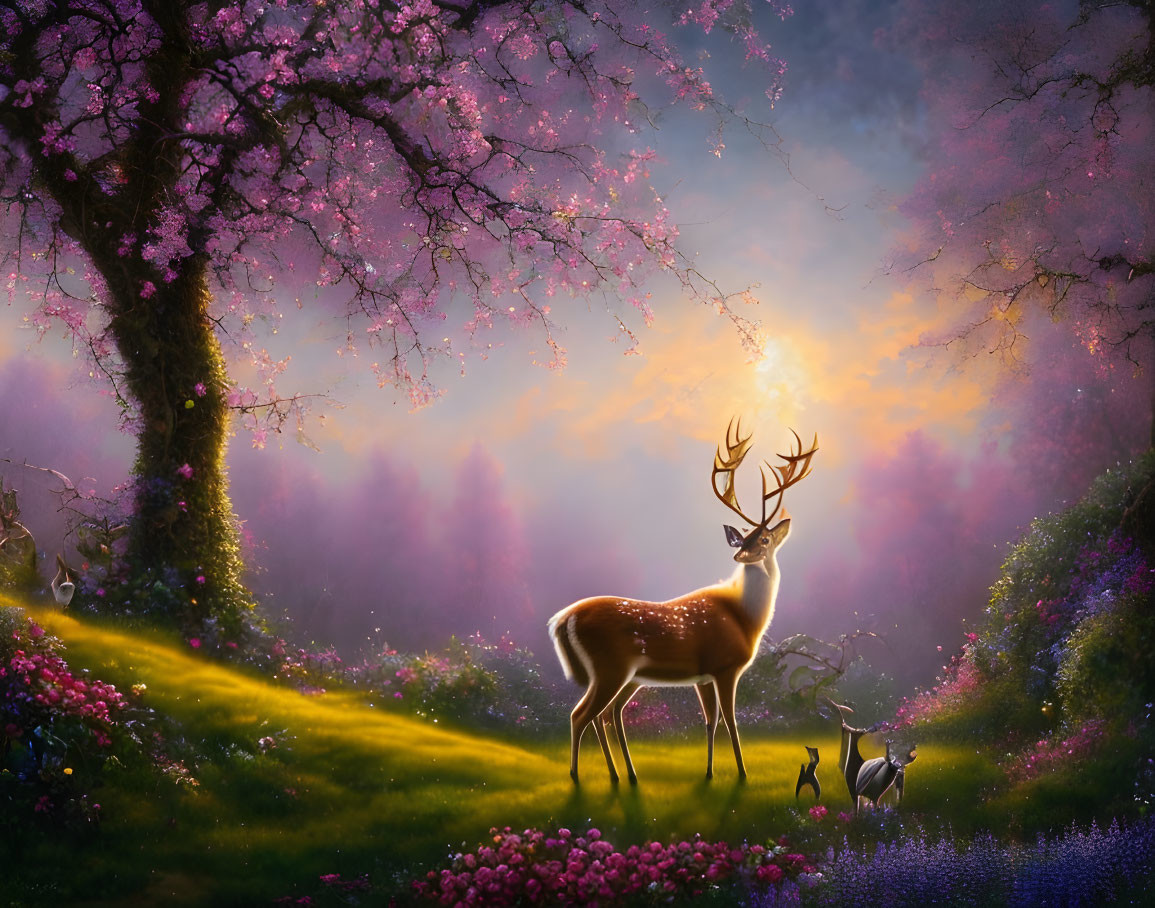 Tranquil landscape: deer under cherry blossoms at sunset