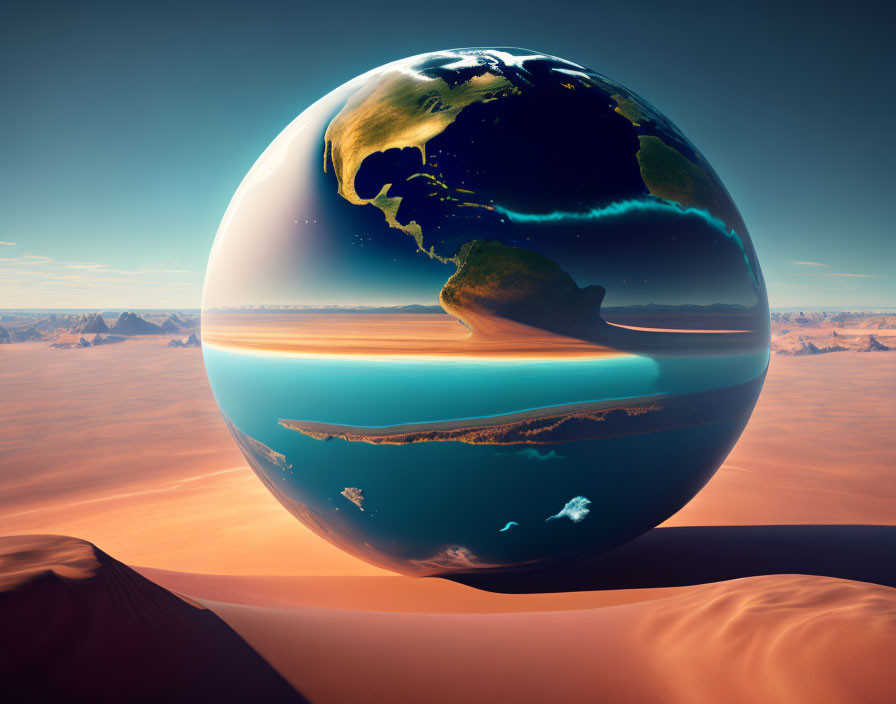 Surreal image of oversized Earth-like sphere with ring in desert landscape