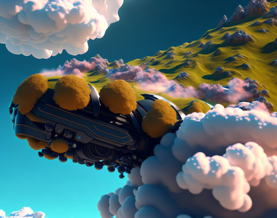 Surreal blue semi-truck floating over yellow landscape