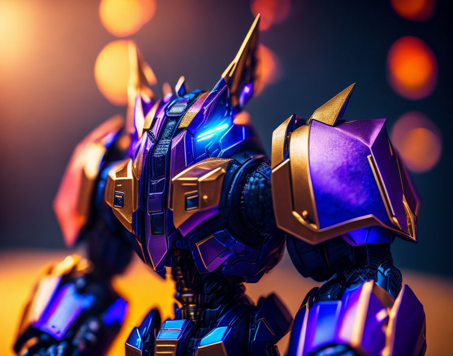 Detailed Toy Robot with Metallic Purple and Gold Armor and Glowing Blue Eyes