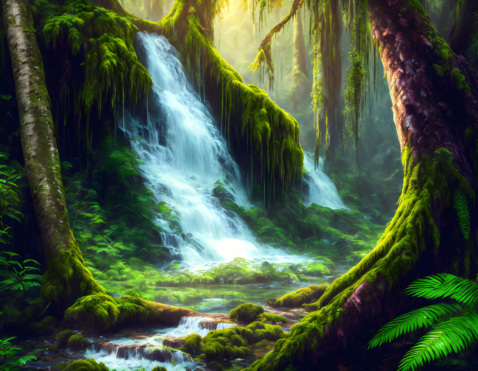 Sunlit waterfall in moss-covered forest with piercing light beams