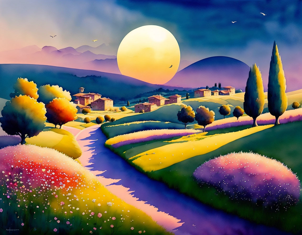 Colorful landscape painting with moon, trees, hills, path, and village