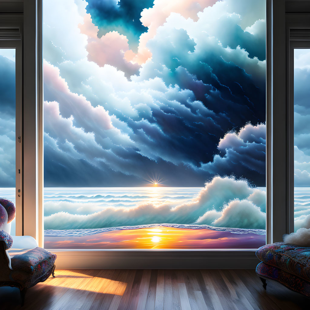 Surreal sunset view: clouds blending with ocean waves seen through a window