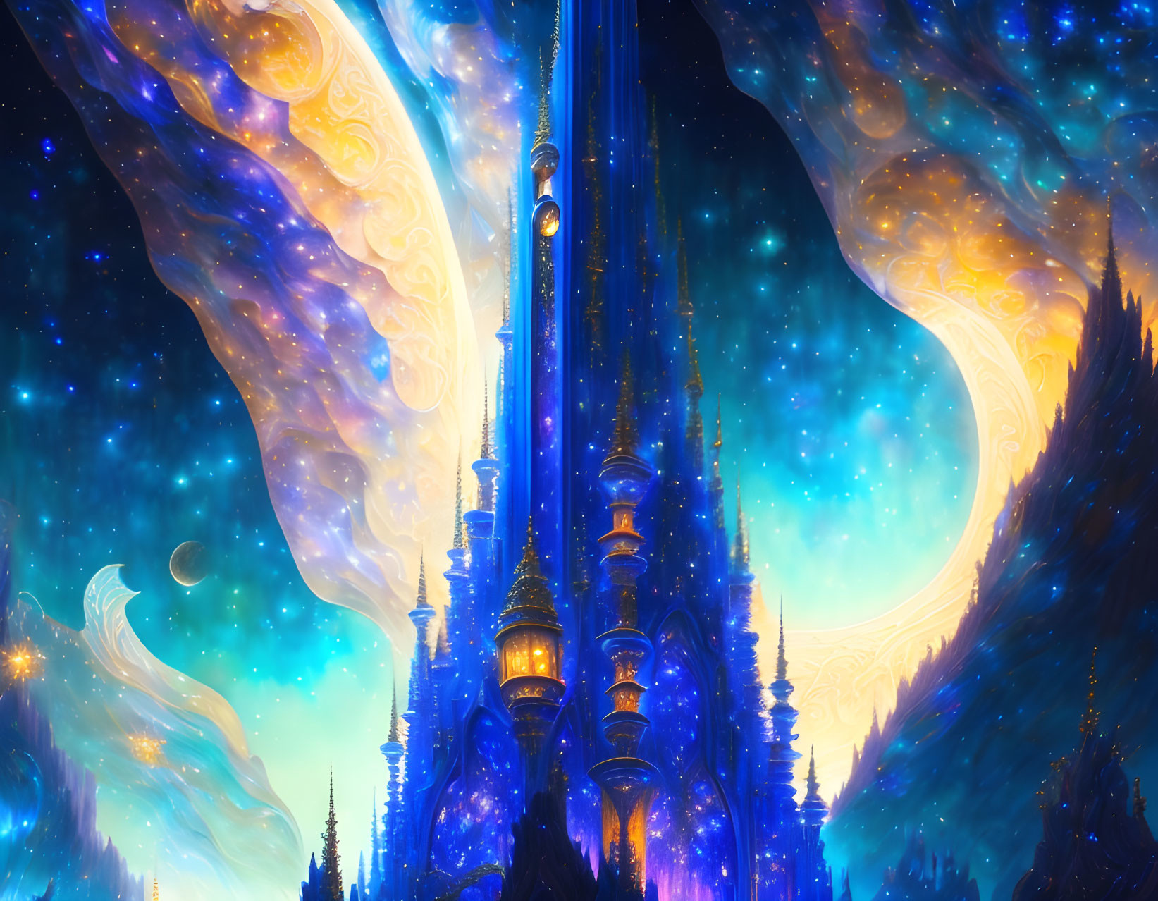 Glowing Blue Castle in Cosmic Galaxy Scene