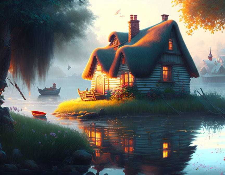 Thatched-Roof Cottage by Water: Sunset Glow & Boats