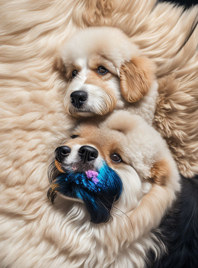 Fluffy dogs cuddling with one having a blue and pink painted beard