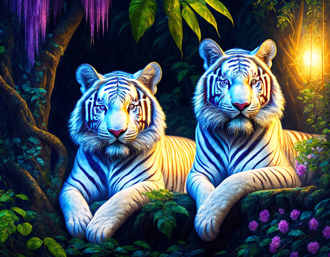 White tigers resting in vibrant jungle night scene