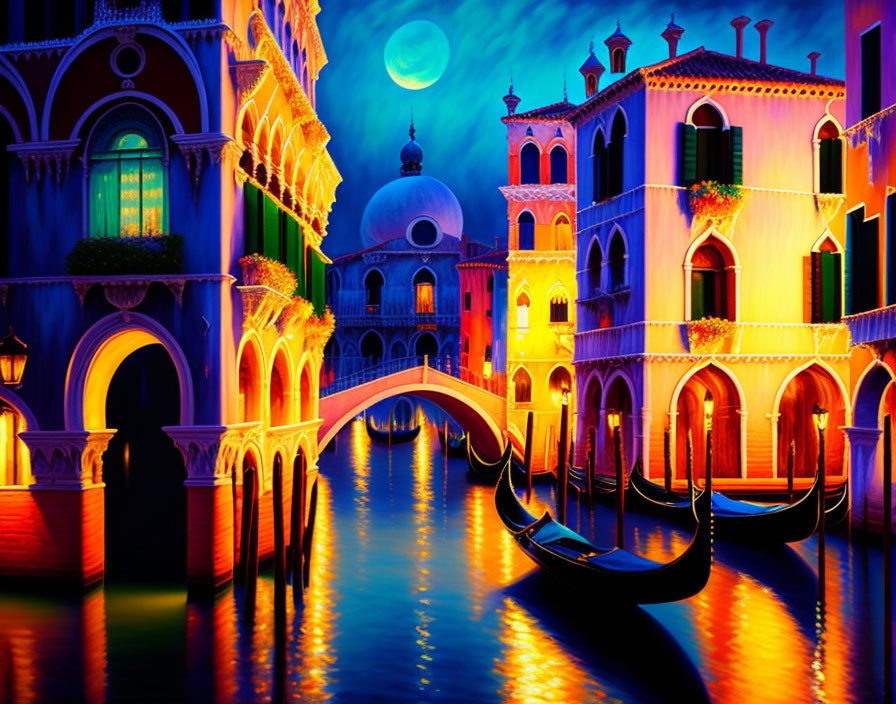 Vibrant Venetian canal at night with gondolas and full moon