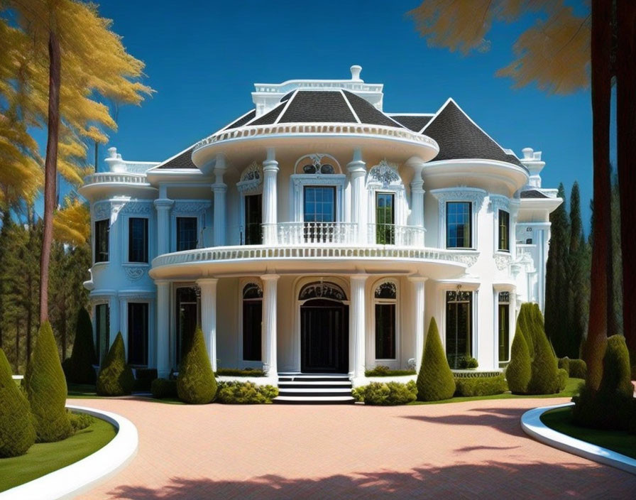 Luxurious Two-Story White Mansion with Classical Design and Garden