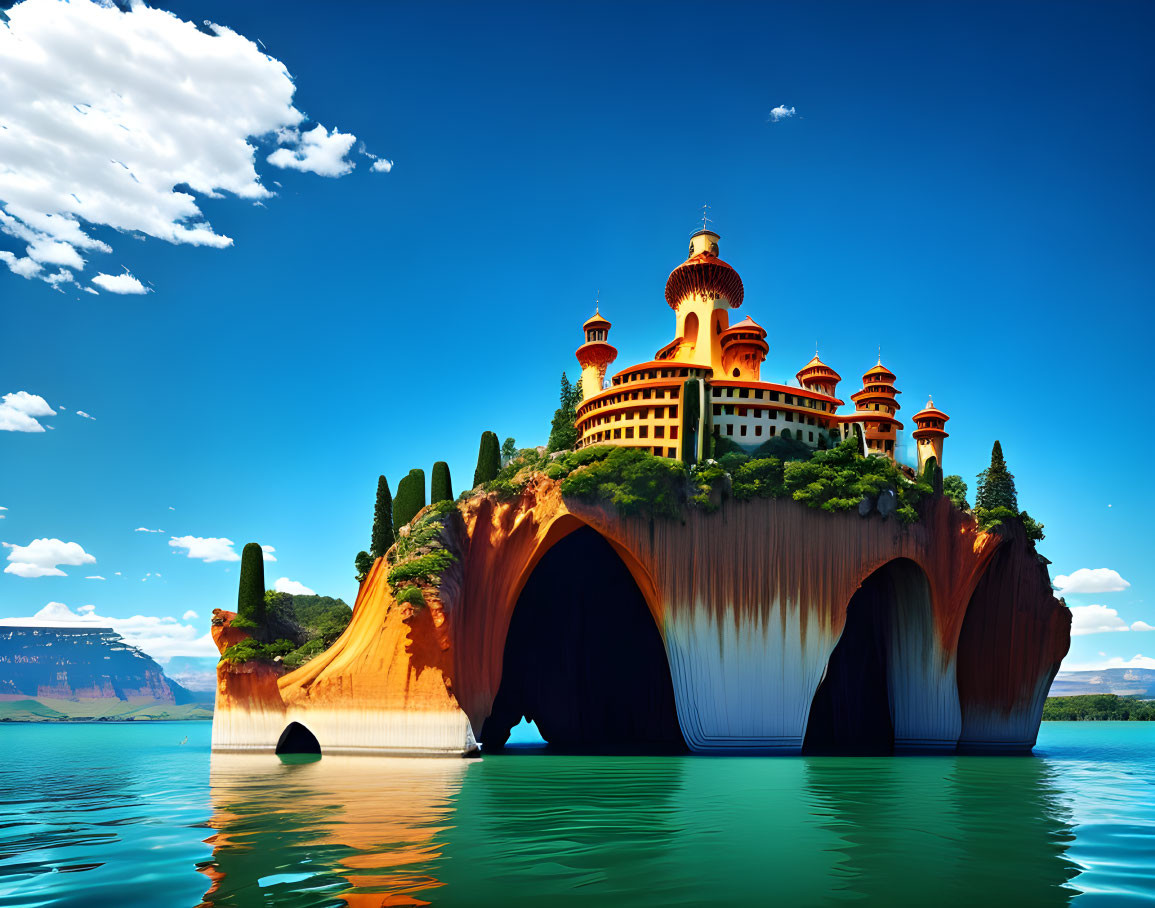 Fantasy palace with orange domes on waterfall cliff surrounded by green trees.