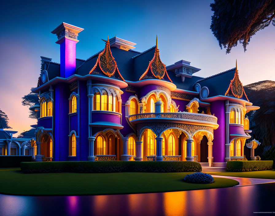 Vibrant purple Victorian mansion with orange lighting at twilight