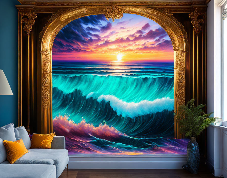 Sunset ocean waves mural in room with sofa, cushions, lamp, plant