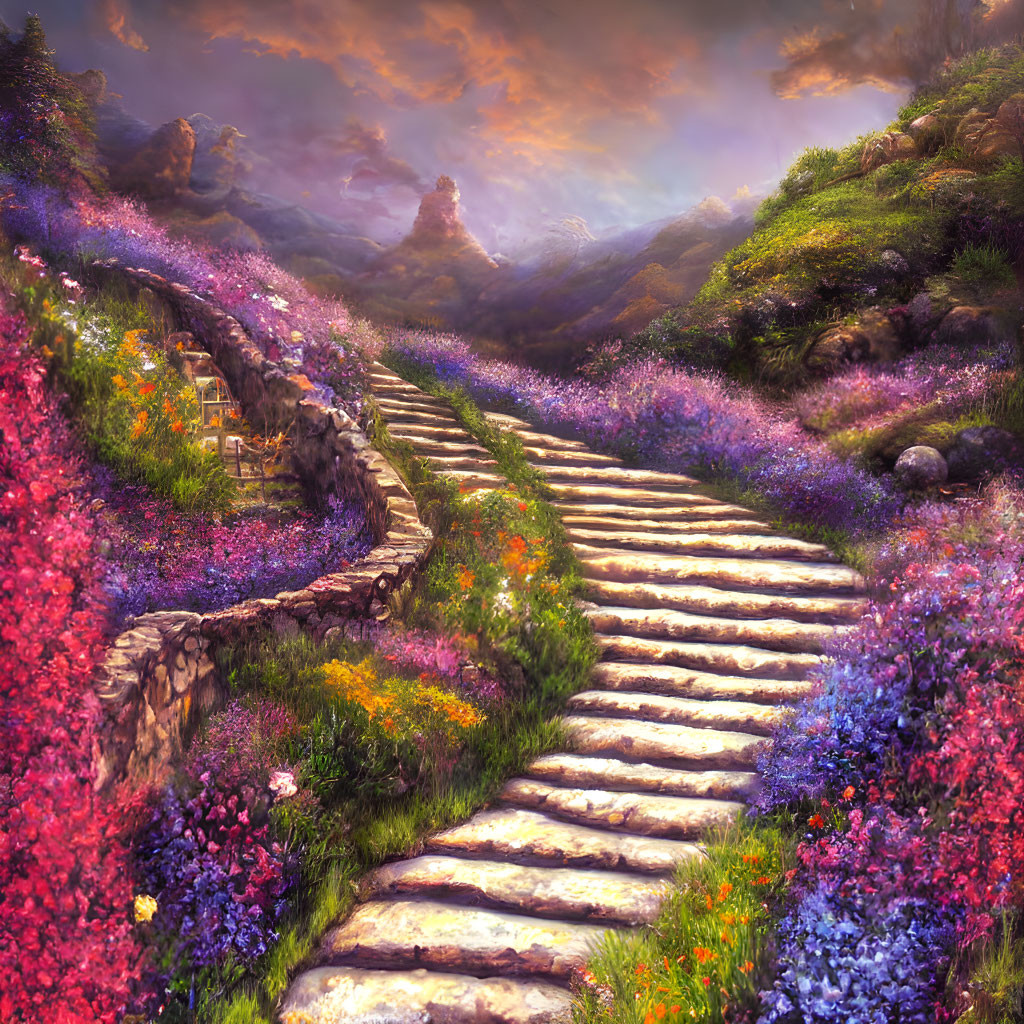 Colorful Flower Field Pathway Under Sunset Sky