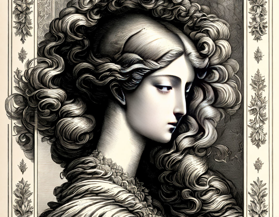 Detailed grayscale illustration of classic female figure with wavy hair and ornate floral patterns