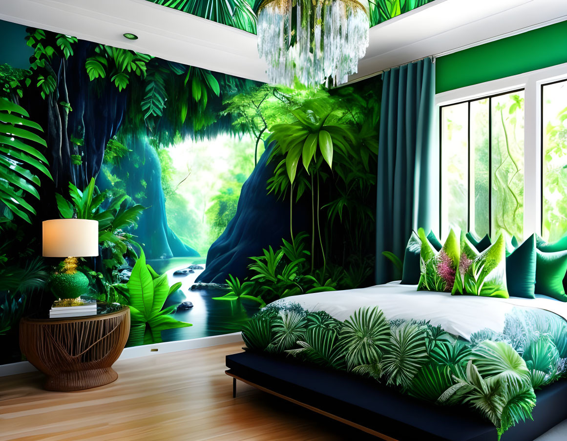 Lush Jungle Mural in Vibrant Green Bedroom