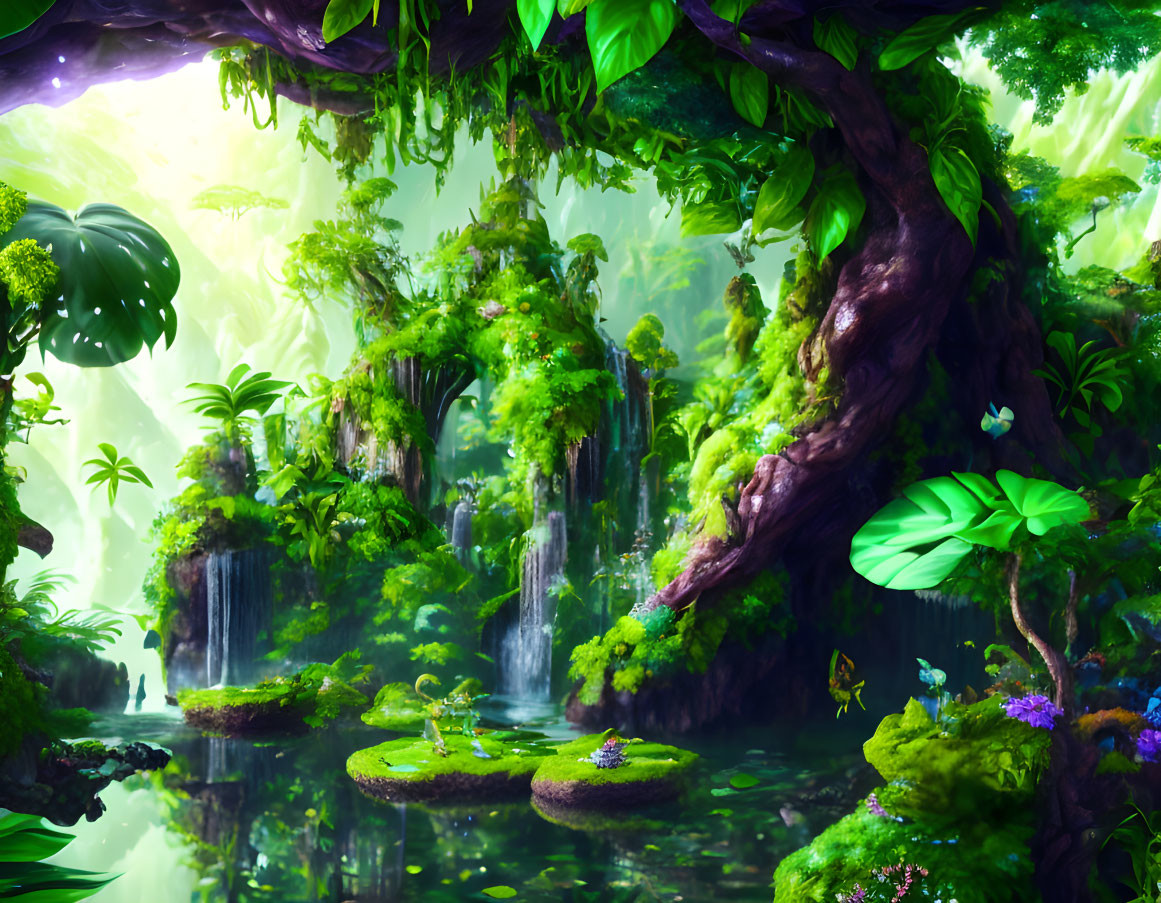 Mystical forest with lush greenery, waterfalls, oversized foliage, and tranquil ponds