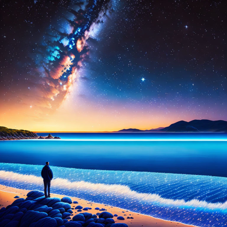 Twilight scene: Person gazes at vibrant starry sky over calm sea.