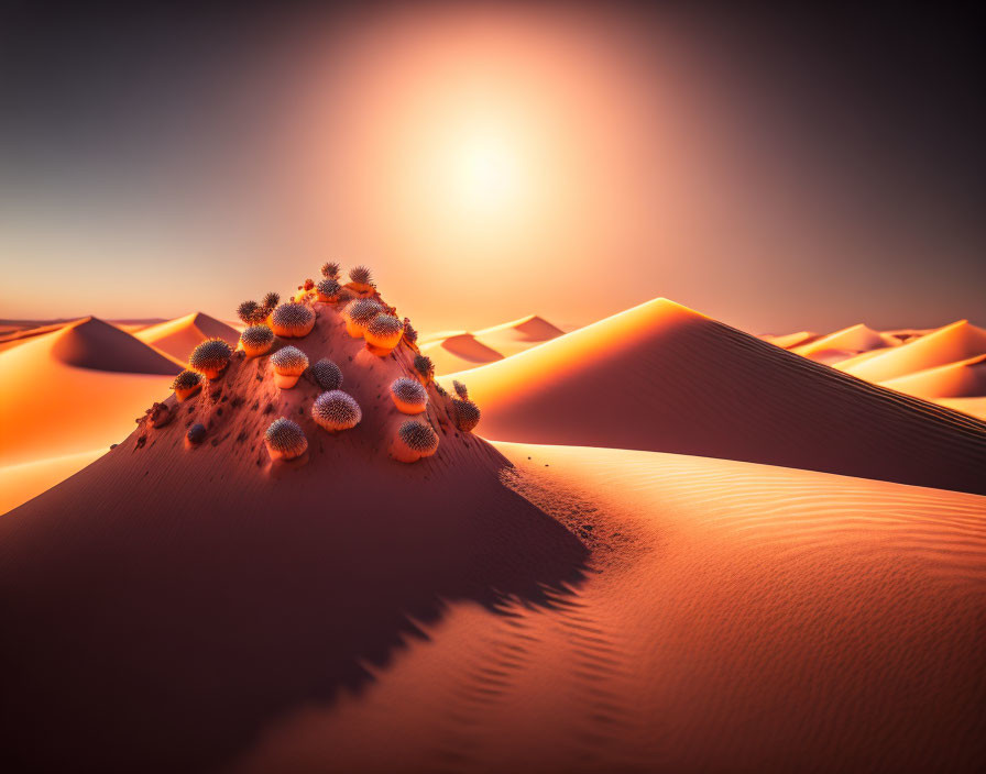 Sunset over rolling desert dunes with warm glow and desert plants.